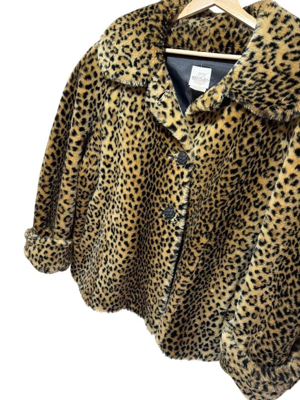 Bentley Vintage 70s  Faux Leopard Fur Coat Large With Black Satin Lining & Ornat